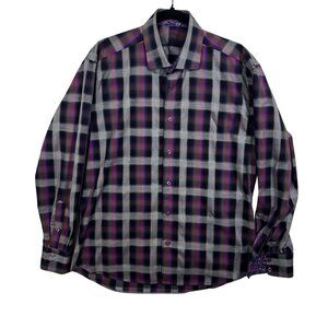 BERTIGO Long Sleeve Plaid Button Down Shirt Purple Gray Contrast Cuffs XL Office